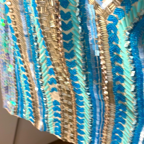 NWT Parker heavily beaded embellished sequin  vneck turquoise blue mini dress - Picture 6 of 12